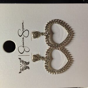 Jessica Simpson Silver Paved Double Heart Rhinestone Stud Dangle Earrings